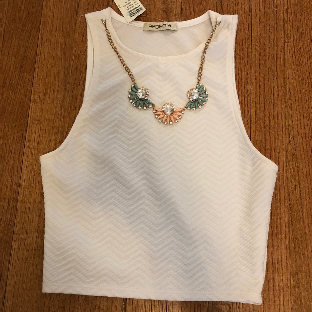 Arden b crop top with necklace.